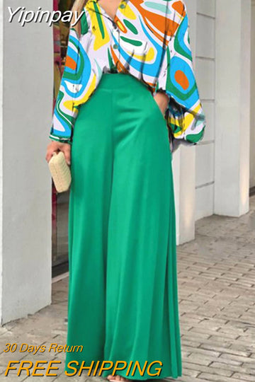 Yipinpay 2023 Summer Loose Large Size Casual Printed Shirt Top Wide Leg Pants Two Piece Set Female Suit Fashion Outfits